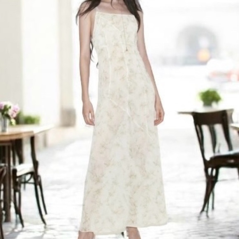 H&M White Floral Sheer Maxi Dress Double-layered V-Neck Zip Sleeveless. XS.